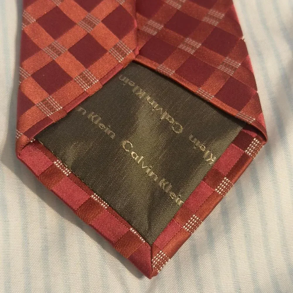 Calvin Klein Red and Orange Geometric Checkered 100% Silk Necktie